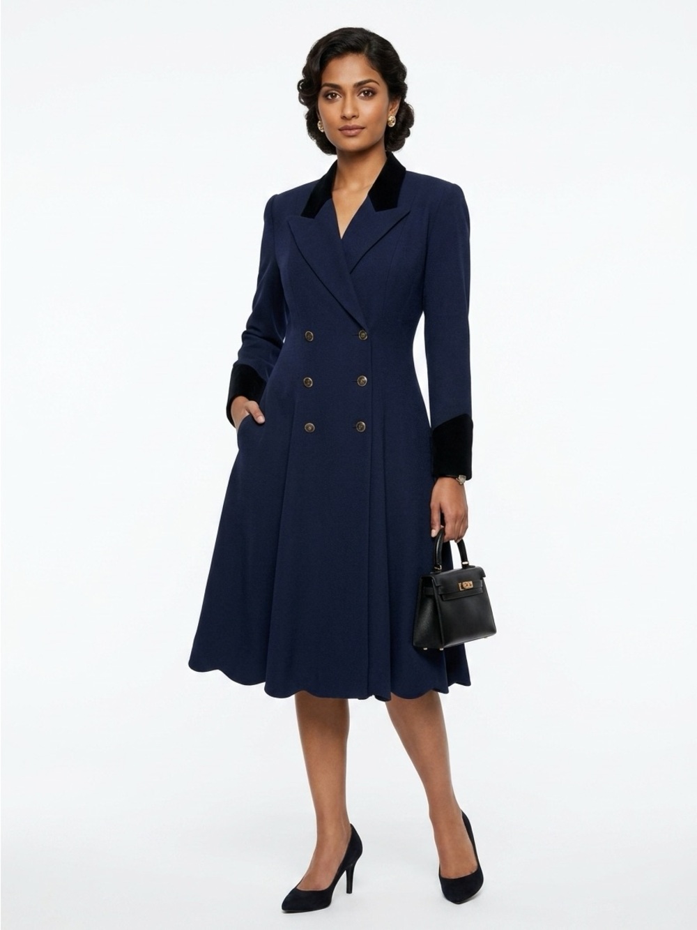 Chetta B Double Breasted Coat Dress Velvet Trim Wool Navy Blue Size 10 Medium